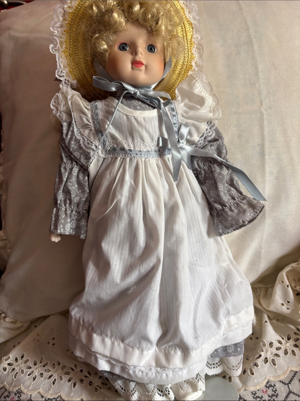 Vintage Victorian-Style porcelain Doll in White /Gray outfit with Straw Bonnet